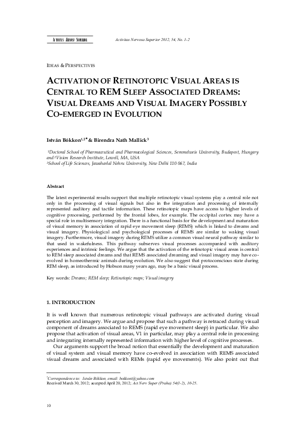 (PDF) Activation of Retinotopic Visual Areas Is Central to REM Sleep ...