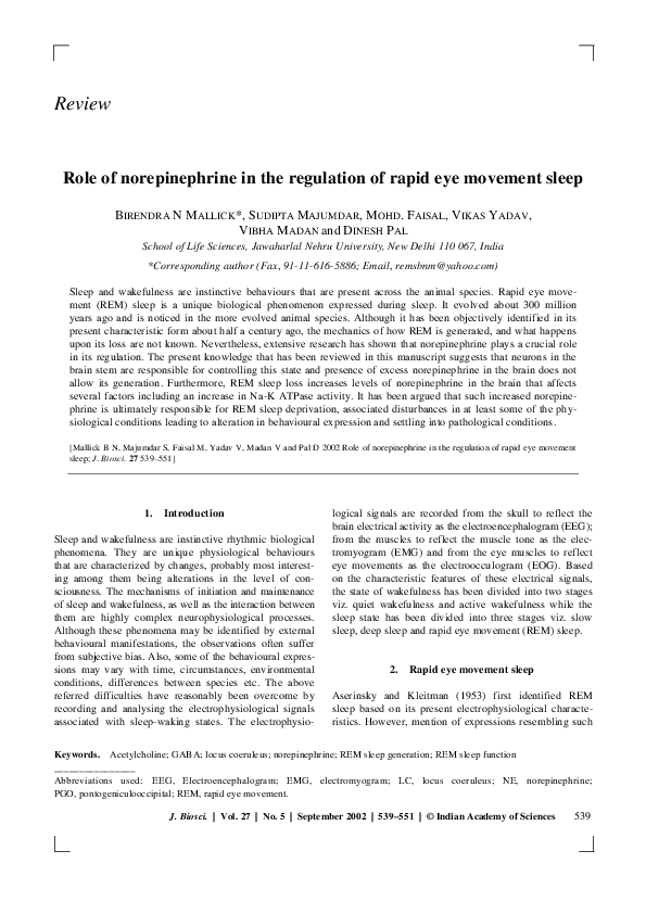 (PDF) Role of norepinephrine in the regulation of rapid eye movement sleep