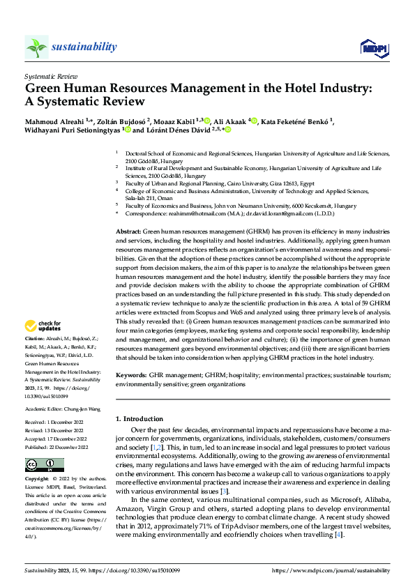 (PDF) Green Human Resources Management in the Hotel Industry: A ...