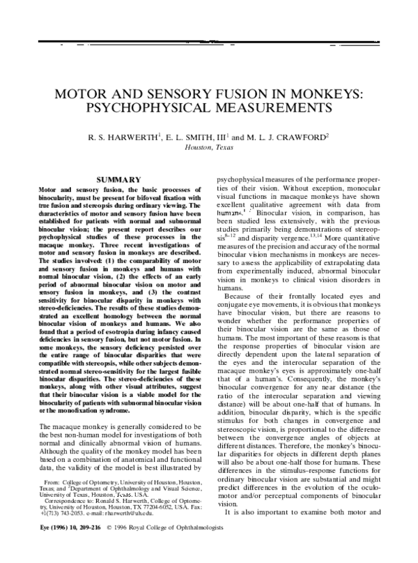 (PDF) Motor and sensory fusion in monkeys: Psychophysical measurements