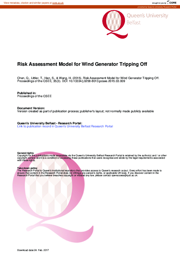 (PDF) Risk Assessment Model for Wind Generator Tripping Off