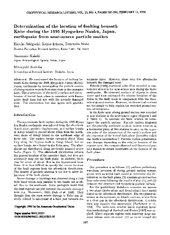 (PDF) Determination of the location of faulting beneath Kobe During the ...
