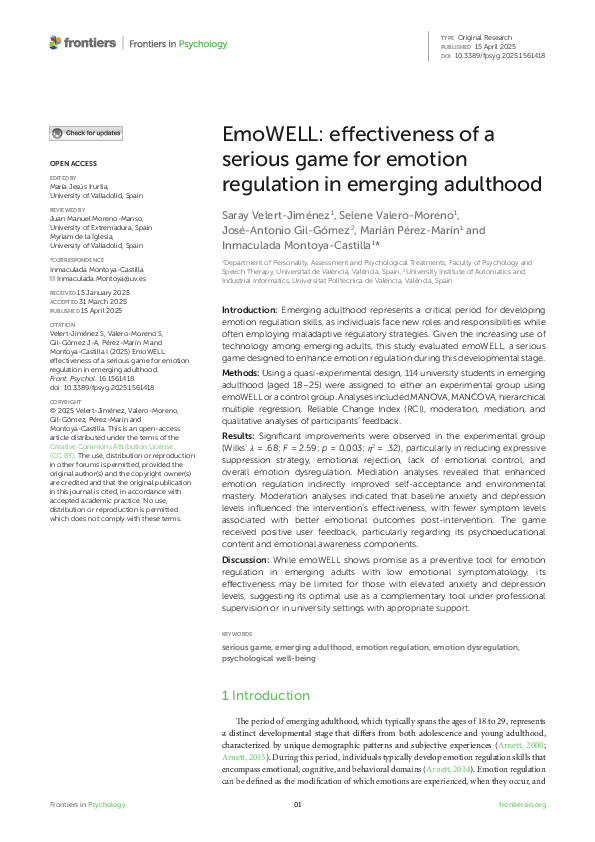 (PDF) EmoWELL: effectiveness of a serious game for emotion regulation ...