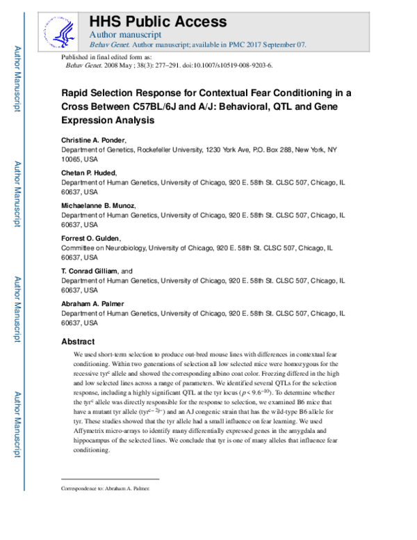 (PDF) Rapid Selection Response for Contextual Fear Conditioning in a ...