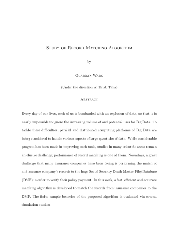 (PDF) Study of Record Matching Algorithm by Guannan Wang ( Under the ...