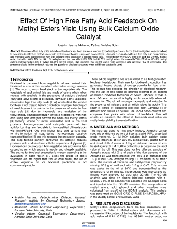 (PDF) Effect Of High Free Fatty Acid Feedstock On Methyl Esters Yield ...
