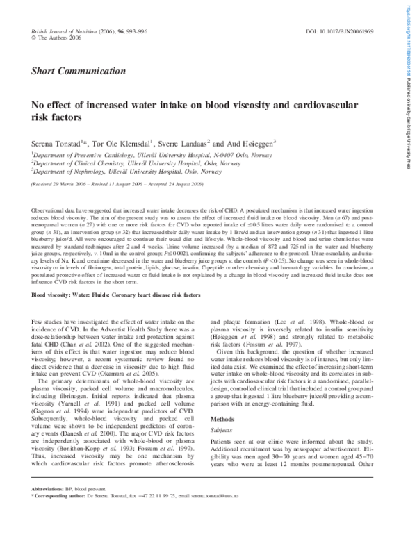 (PDF) No effect of increased water intake on blood viscosity and ...