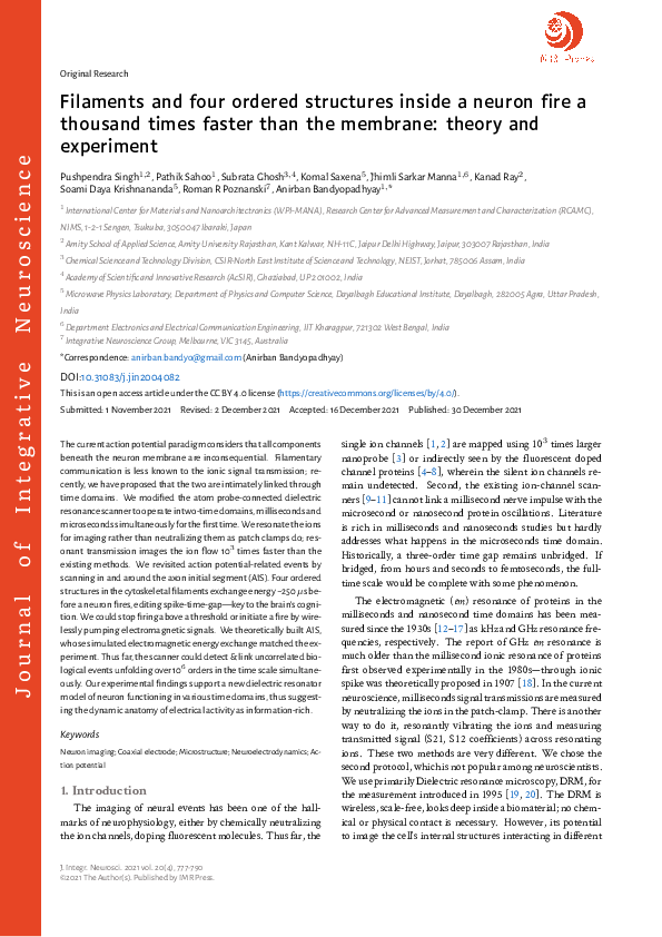 (PDF) Filaments and four ordered structures inside a neuron fire a ...