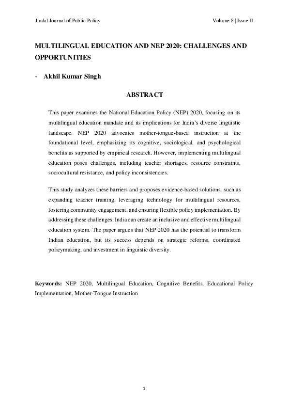 (PDF) Multilingual Education and NEP 2020: Challenges and Opportunities