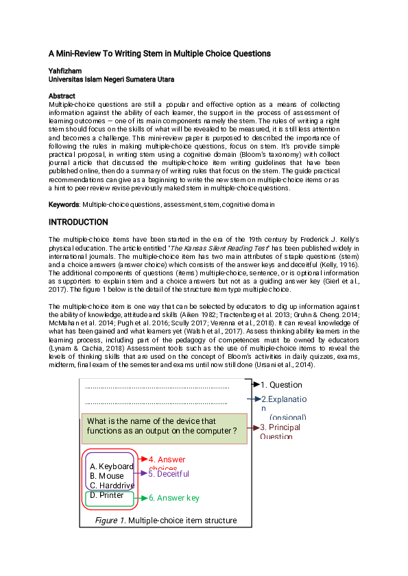 (PDF) A Mini-Review To Writing Stem in Multiple Choice Questions