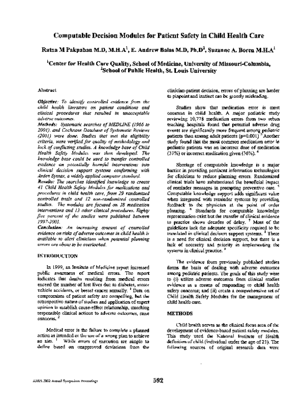 (PDF) Computable decision modules for patient safety in child health care