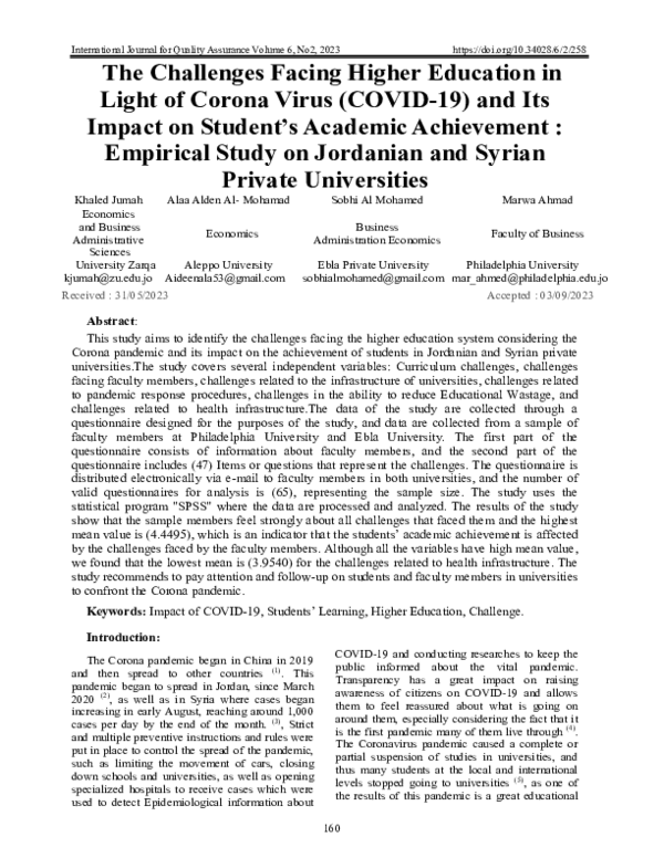(PDF) The Challenges Facing Higher Education in Light of Corona Virus ...