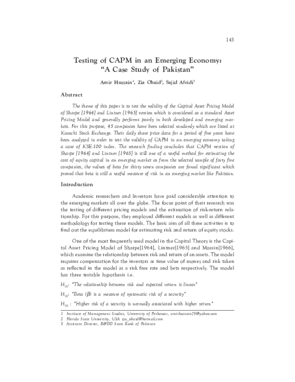 (PDF) Testing Of CAPM In An Emerging Economy: “A Case Study of Pakistan”