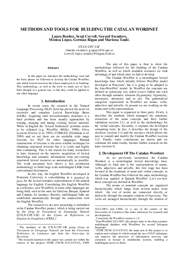 (PDF) Methods and Tools for Building the Catalan WordNet