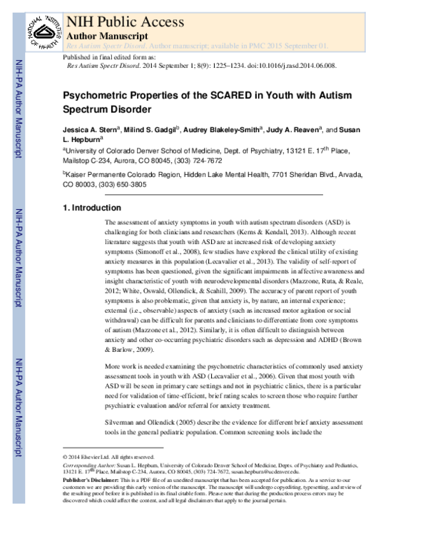 (PDF) Psychometric properties of the SCARED in youth with autism ...