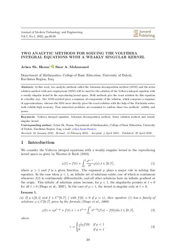 (PDF) TWO ANALYTIC METHODS FOR SOLVING THE VOLTERRA INTEGRAL EQUATIONS ...