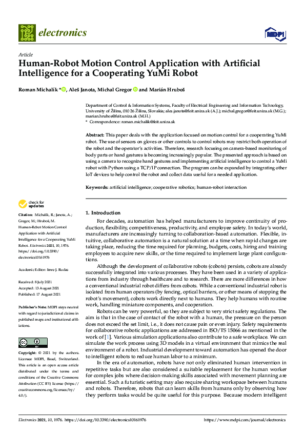 (PDF) Human-Robot Motion Control Application with Artificial ...