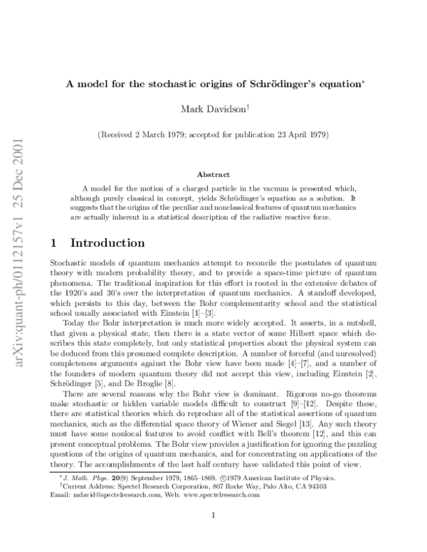 (PDF) A model for the stochastic origins of Schrodinger's equation