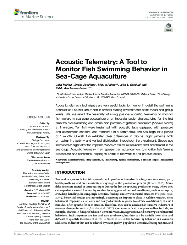 (PDF) Acoustic Telemetry: A Tool to Monitor Fish Swimming Behavior in ...