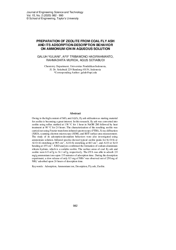(PDF) Preparation of Zeolite from Coal Fly Ash and Its Adsorption ...