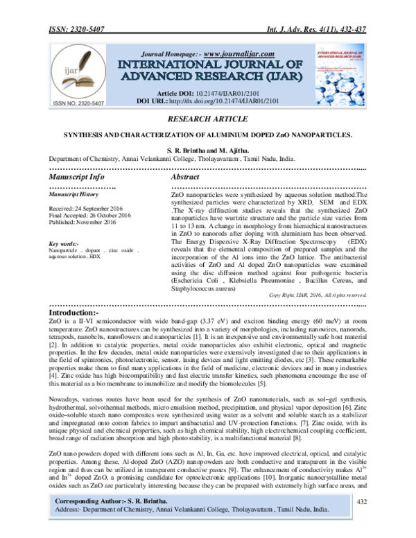 (PDF) SYNTHESIS AND CHARACTERIZATION OF ALUMINIUM DOPED ZnO NANOPARTICLES
