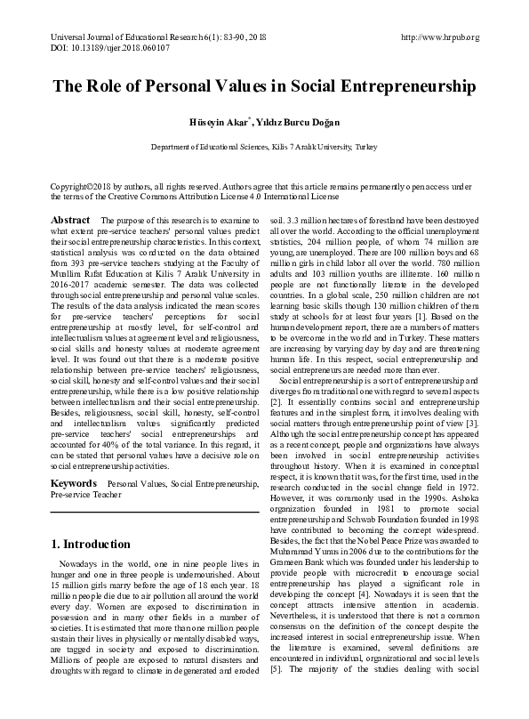 (PDF) The role of personal values in social entrepreneurship