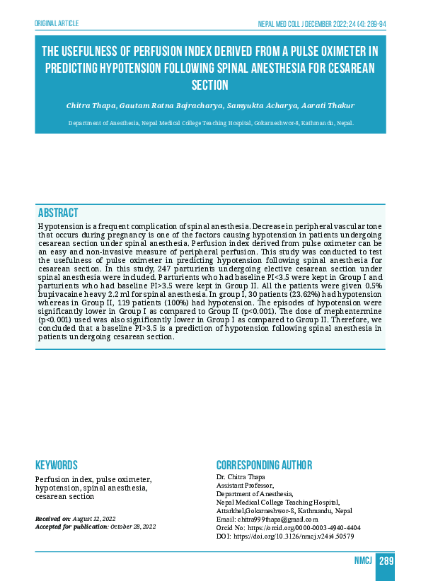 (PDF) The Usefulness of Perfusion Index Derived from a Pulse Oximeter ...