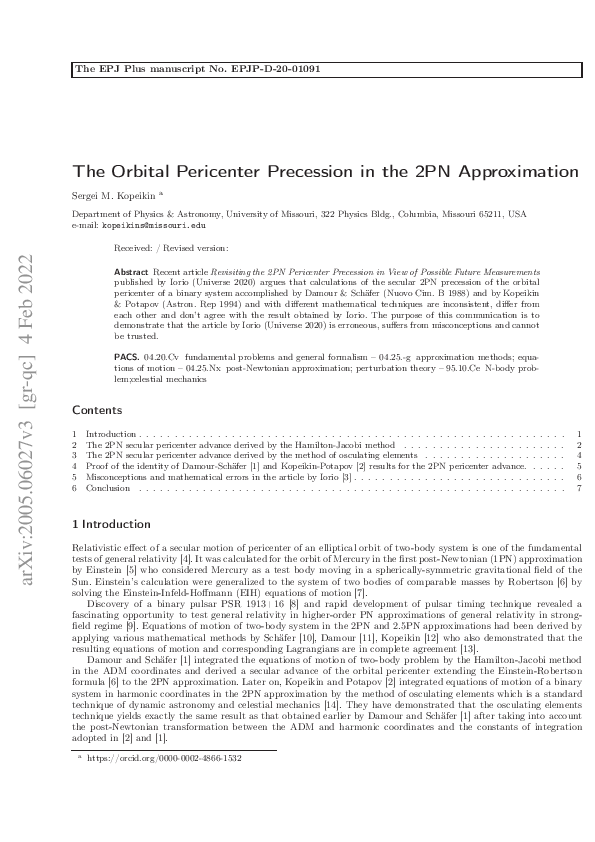 (PDF) The orbital pericenter precession in the 2PN approximation