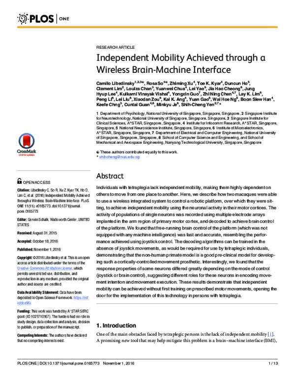 (PDF) Independent Mobility Achieved through a Wireless Brain-Machine ...