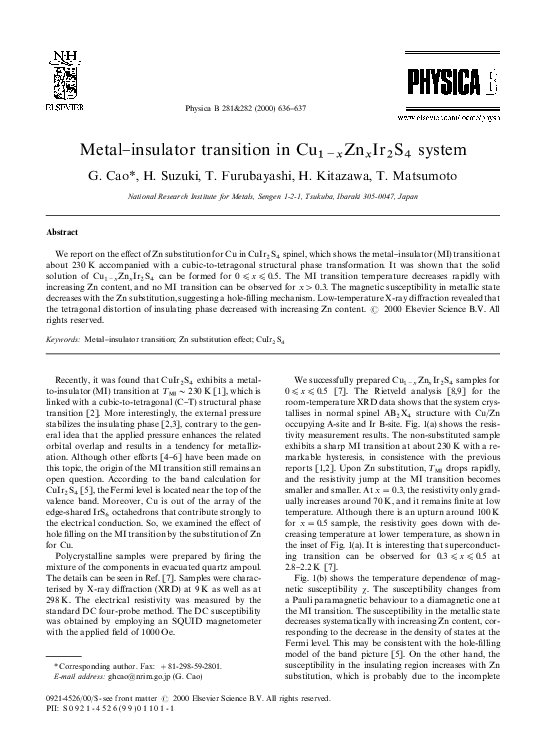 (PDF) Metal–insulator transition in Cu1−xZnxIr2S4 system
