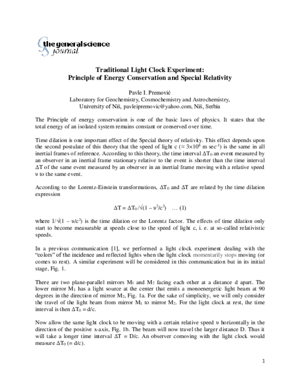 (PDF) Traditional Light Clock Experiment: Principle of Energy ...