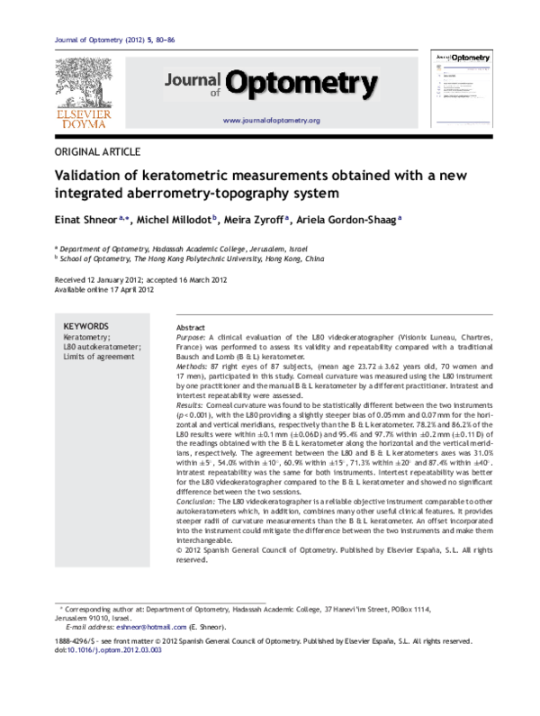 (PDF) Validation of keratometric measurements obtained with a new ...