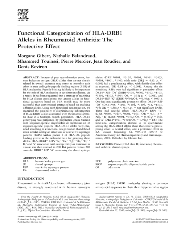 (PDF) Functional categorization of HLA-DRB1 alleles in rheumatoid ...