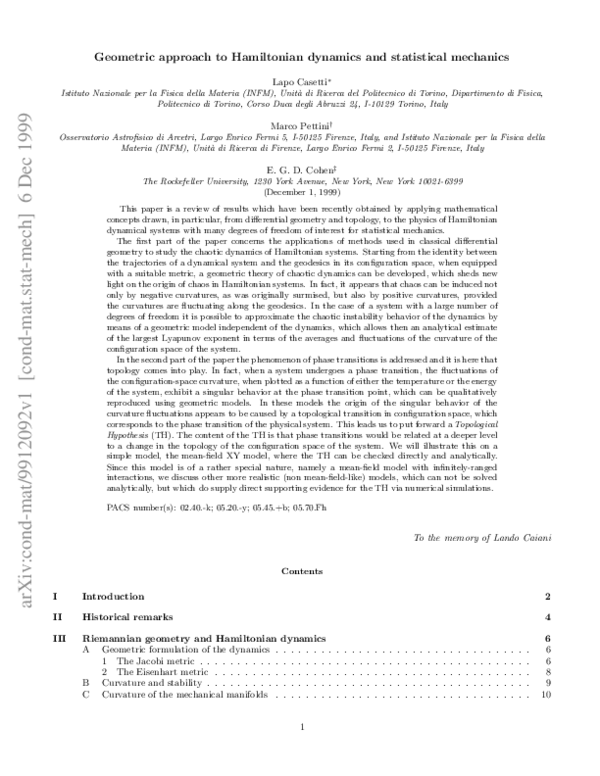 (PDF) Geometric approach to Hamiltonian dynamics and statistical mechanics