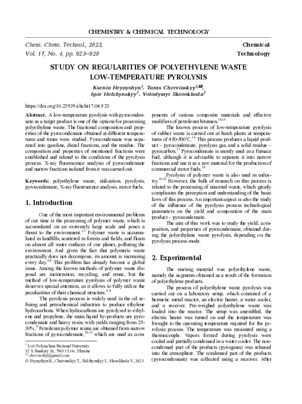(PDF) Study on Regularities of Polyethylene Waste Low-Temperature Pyrolysis