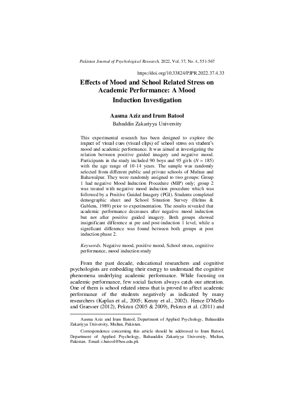 (PDF) Effects of Mood and School Related Stress on Academic Performance ...
