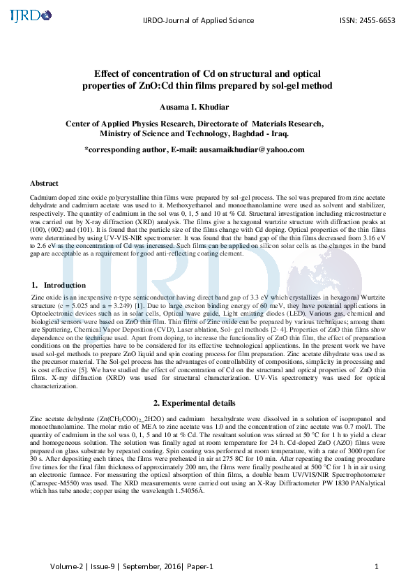 (PDF) Effect of concentration of Cd on structural and optical ...