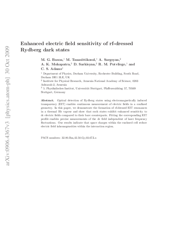 (PDF) Enhanced electric field sensitivity of rf-dressed Rydberg dark states