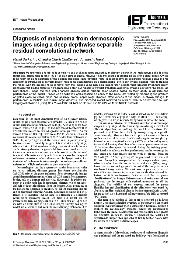(PDF) Diagnosis of melanoma from dermoscopic images using a deep ...