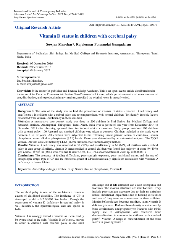 (PDF) Vitamin D status in children with cerebral palsy