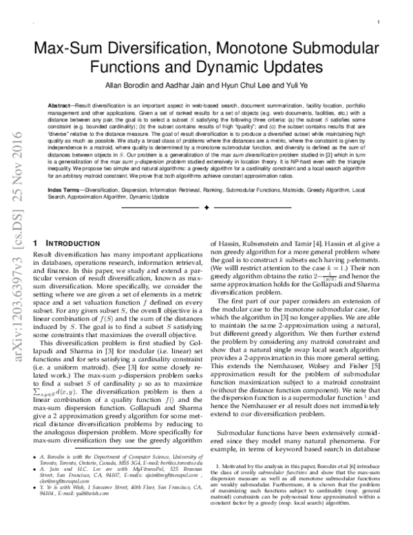 (PDF) Max-Sum Diversification, Monotone Submodular Functions and ...