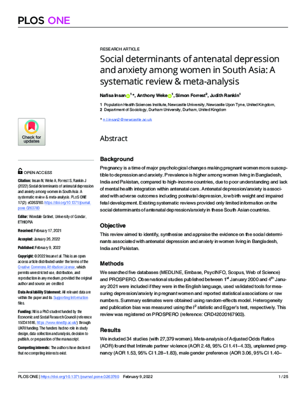 (PDF) Social determinants of antenatal depression and anxiety among ...