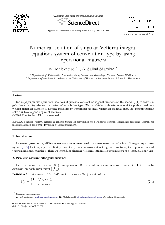 (PDF) Numerical solution of singular Volterra integral equations system ...
