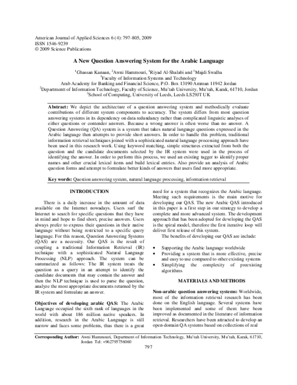 (PDF) A New Question Answering System for the Arabic Language