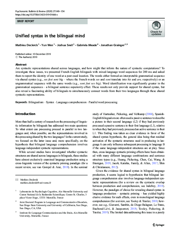 (PDF) Unified syntax in the bilingual mind