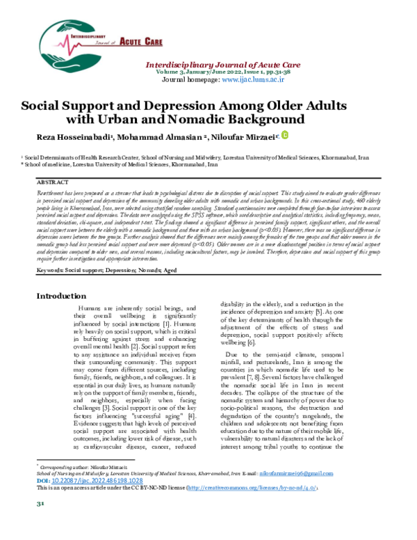 (PDF) Social Support and Depression Among Older Adults with Urban and ...