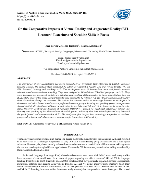 (PDF) On the Comparative Impacts of Virtual Reality and Augmented ...