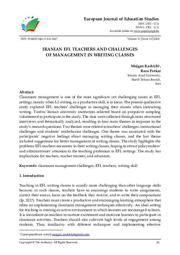 (PDF) IRANIAN EFL TEACHERS AND CHALLENGES OF MANAGEMENT IN WRITING CLASSES