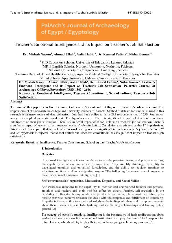 (PDF) Teacher's Emotional Intelligence and its Impact on Teacher's Job ...