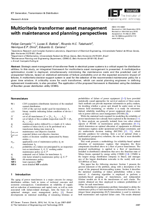 (PDF) Multicriteria transformer asset management with maintenance and ...